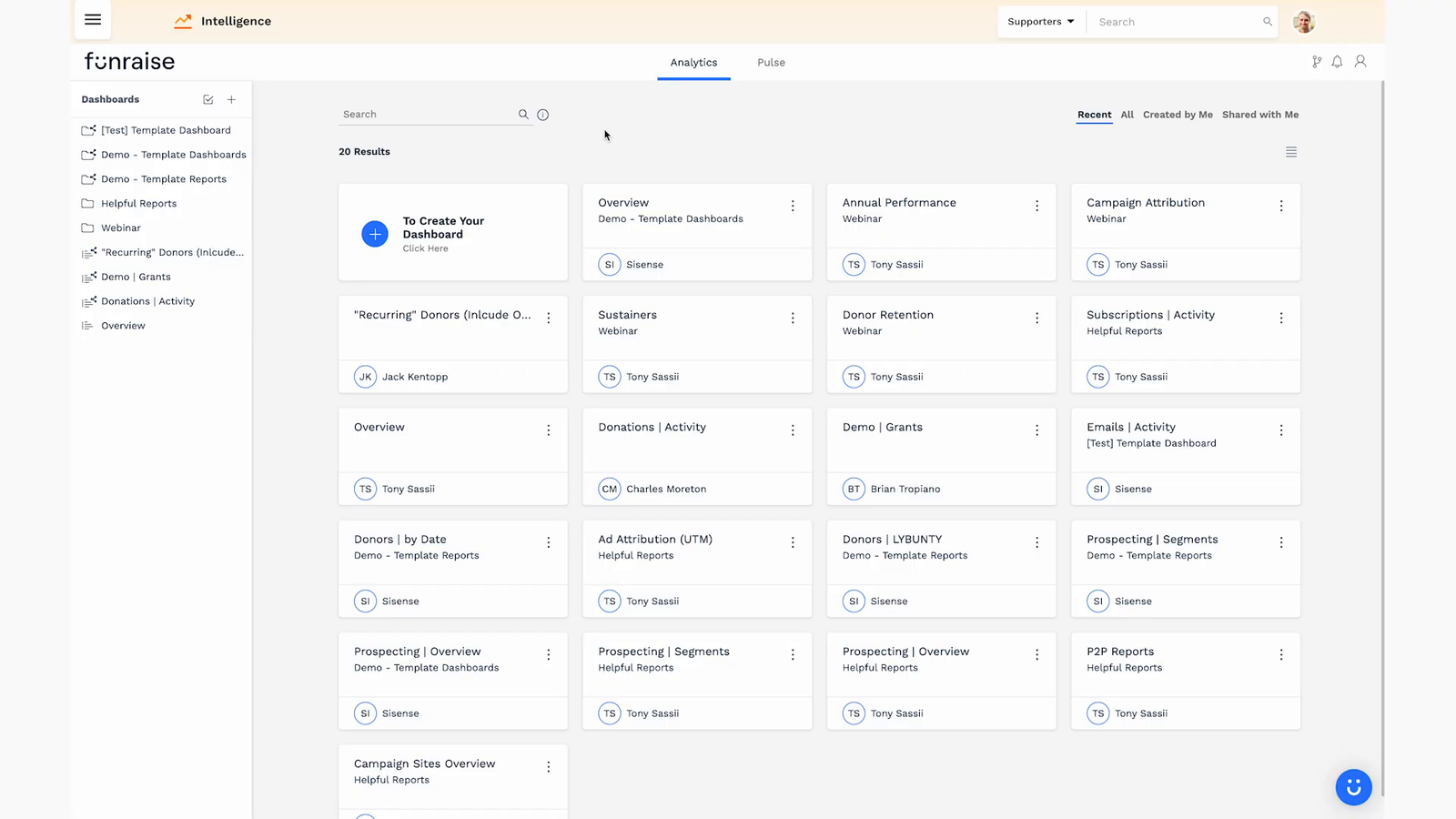 Library of prebuilt and custom nonprofit dashboards organized into folders