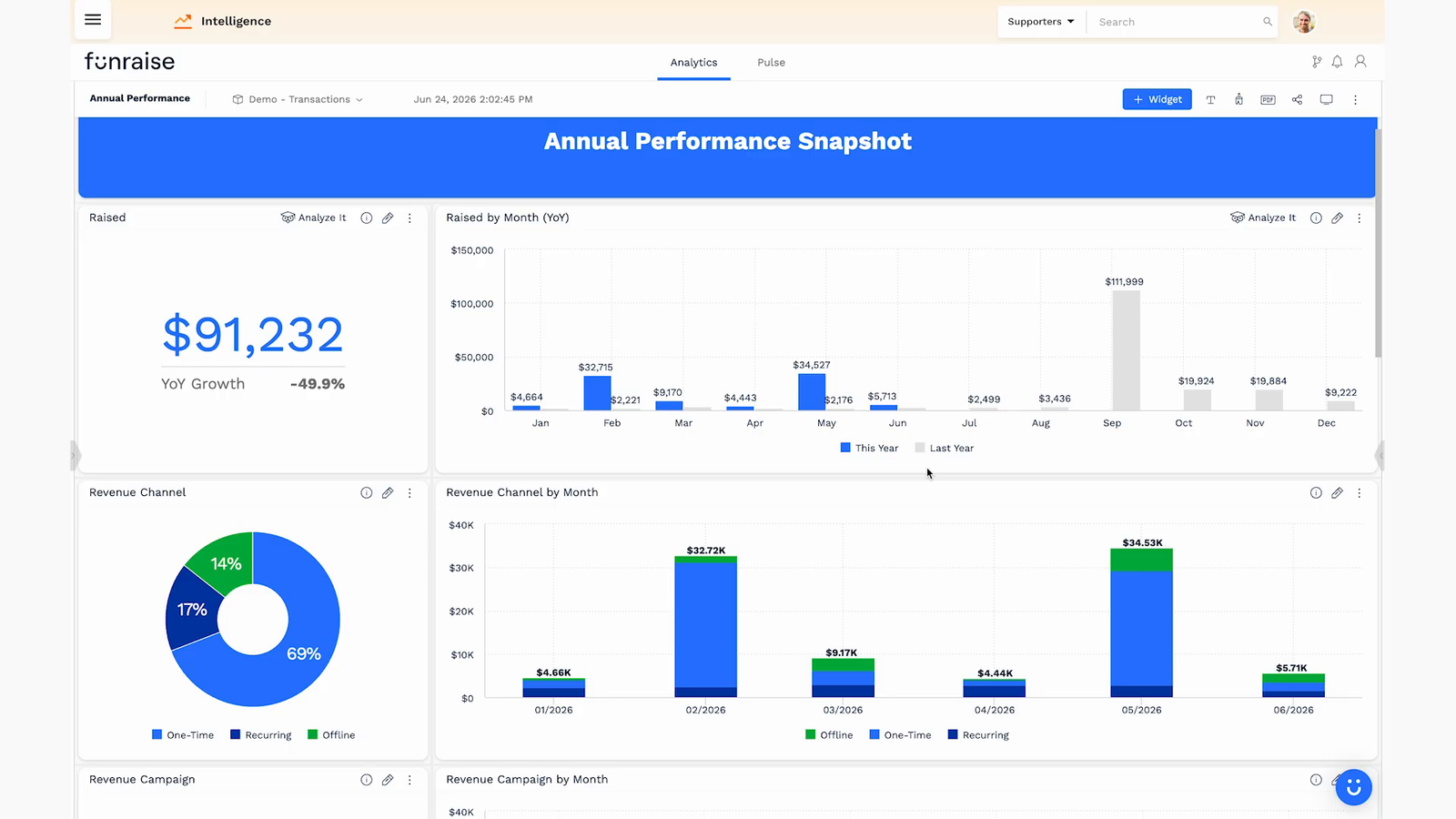 Year-over-year monthly revenue chart and revenue-by-channel donut for a nonprofit