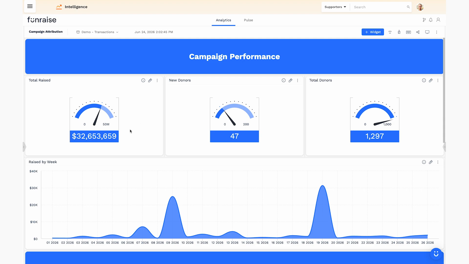 Campaign performance dashboard with goal gauges for total raised, new donors, and total donors