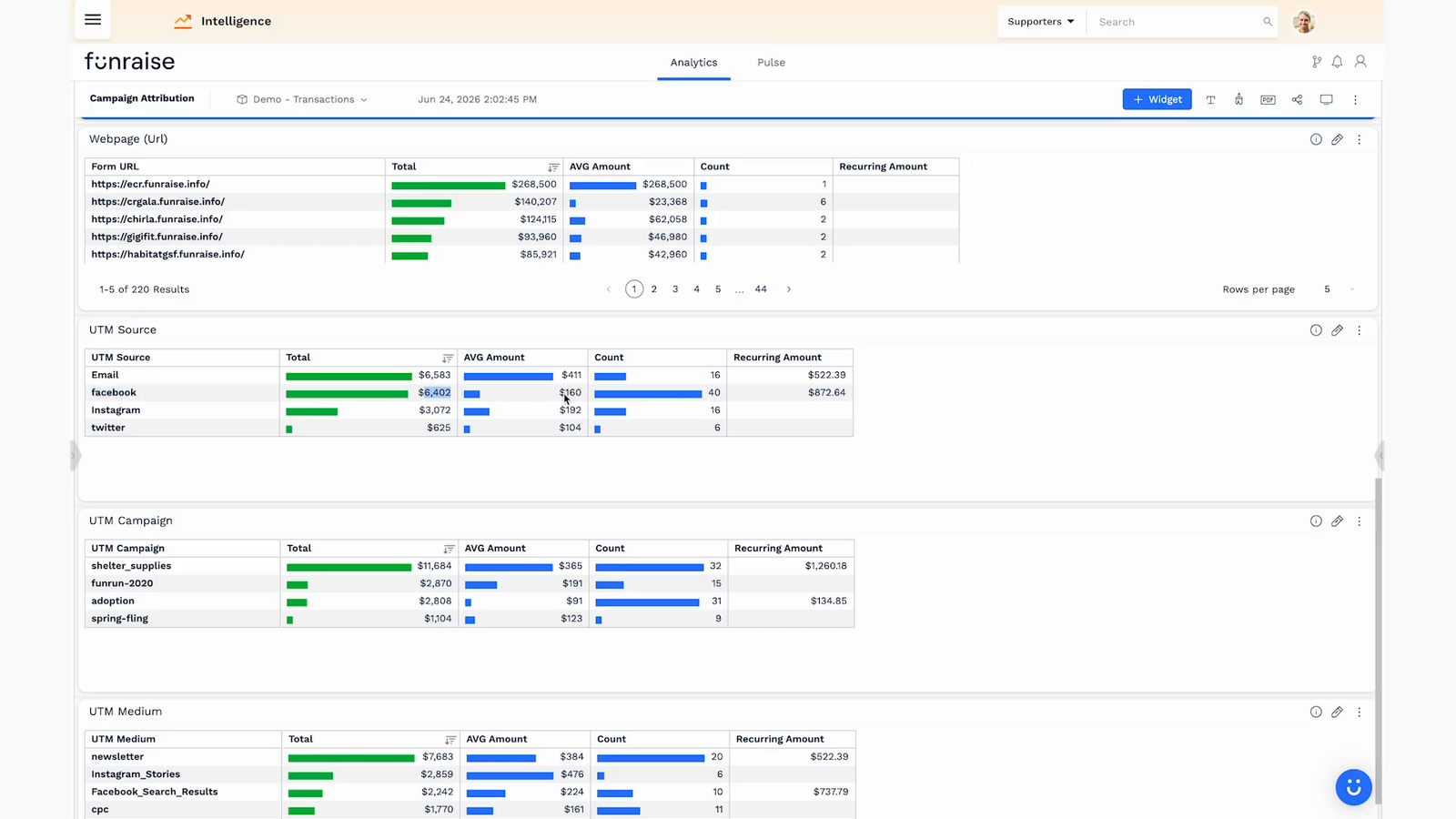 Revenue attribution tables broken out by UTM source, campaign, and medium for a nonprofit