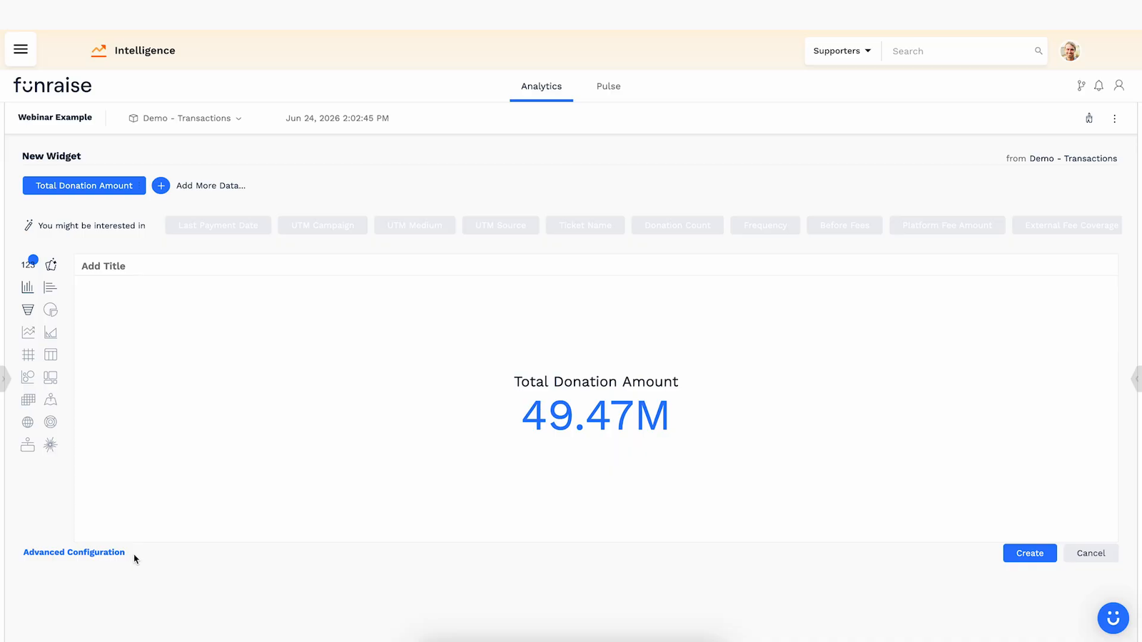 Nonprofit dashboard widget builder previewing a total donation amount indicator with chart-type options
